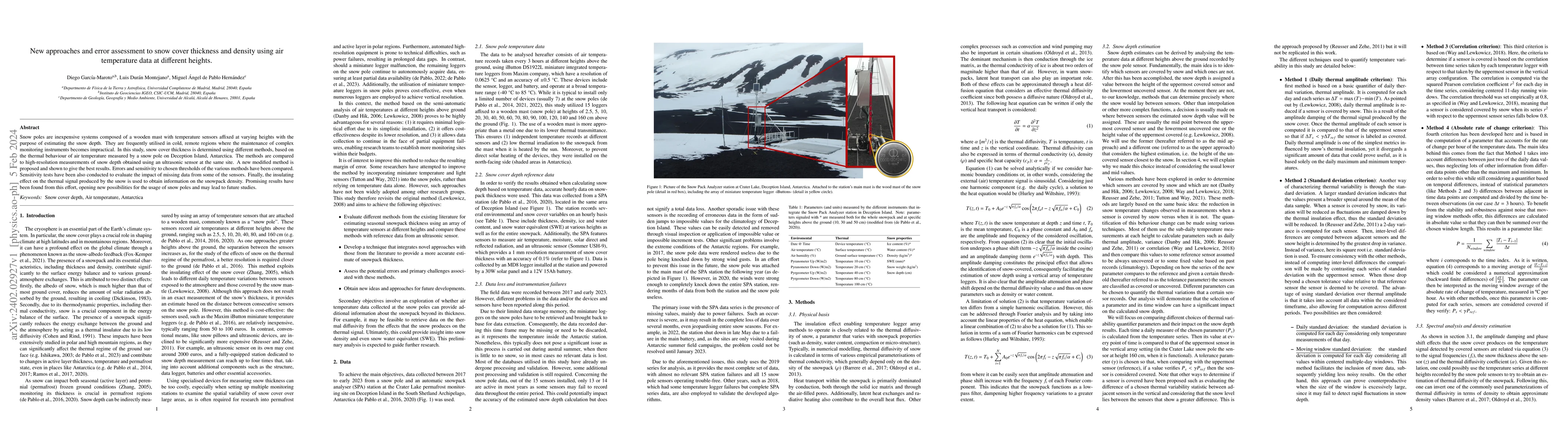 Thumbnail for New approaches and error assessment to snow cover thickness and density
  using air temperature data at different heights