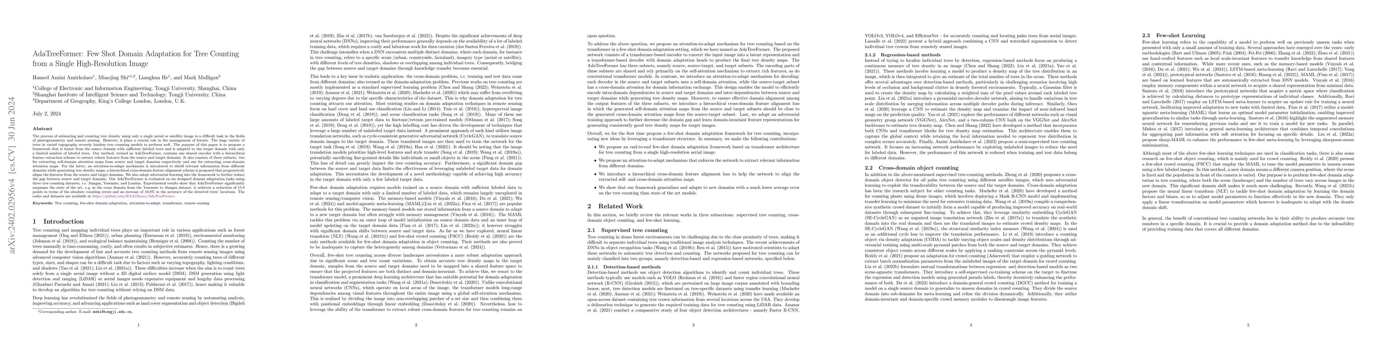 Thumbnail for AdaTreeFormer: Few Shot Domain Adaptation for Tree Counting from a
  Single High-Resolution Image