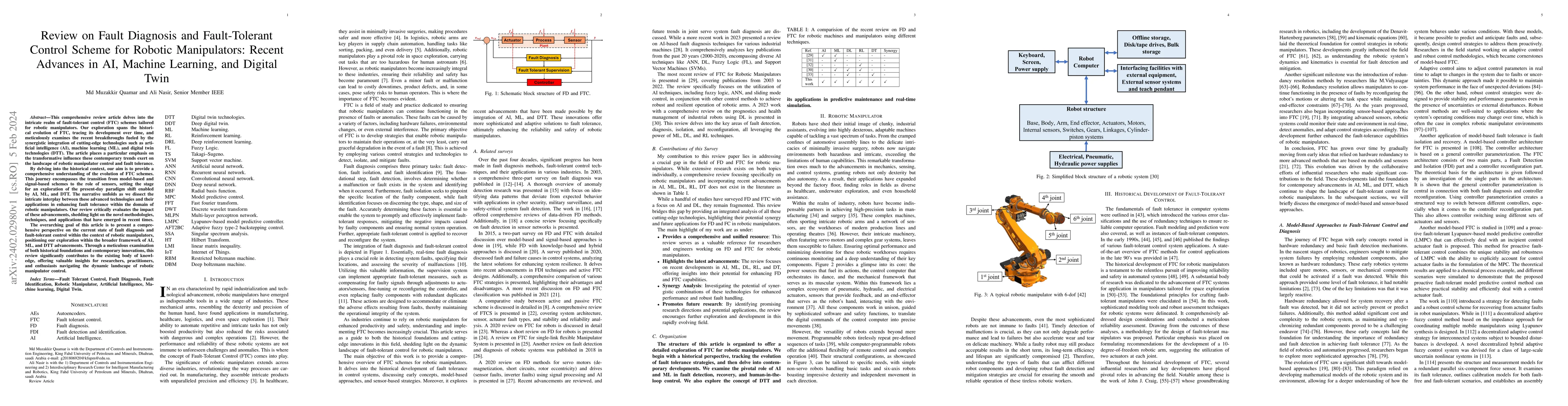 Thumbnail for Review on Fault Diagnosis and Fault-Tolerant Control Scheme for Robotic
  Manipulators: Recent Advances in AI, Machine Learning, and Digital Twin