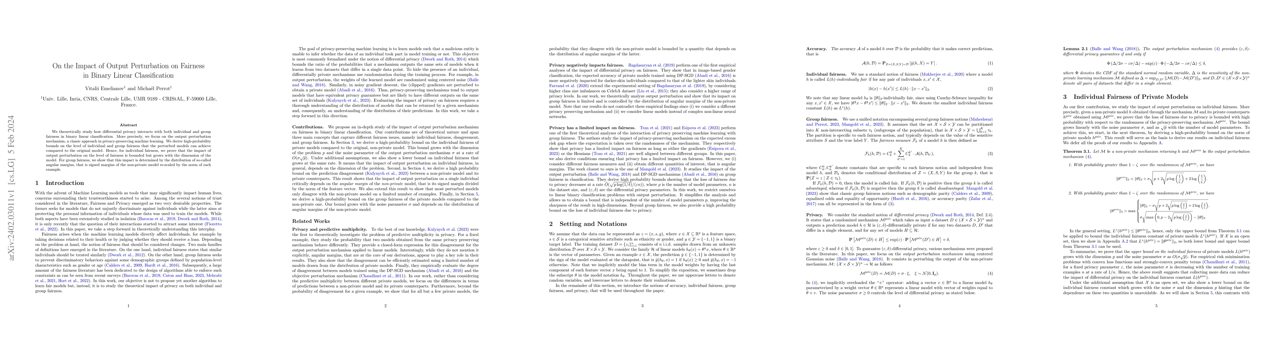 Thumbnail for On the Impact of Output Perturbation on Fairness in Binary Linear
  Classification