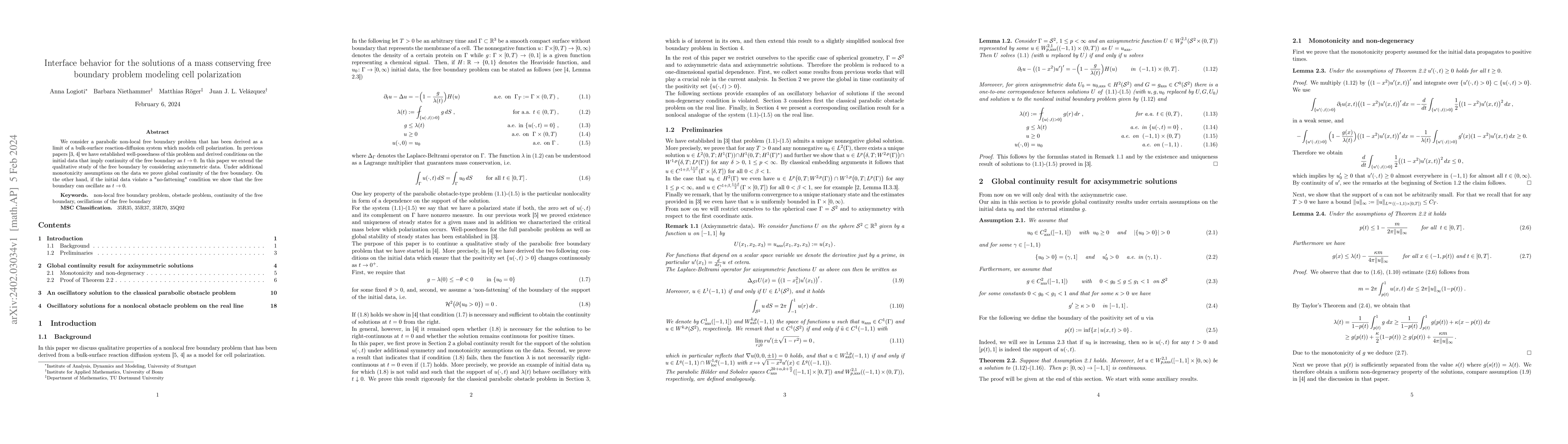 Thumbnail for Interface behavior for the solutions of a mass conserving free boundary
  problem modeling cell polarization