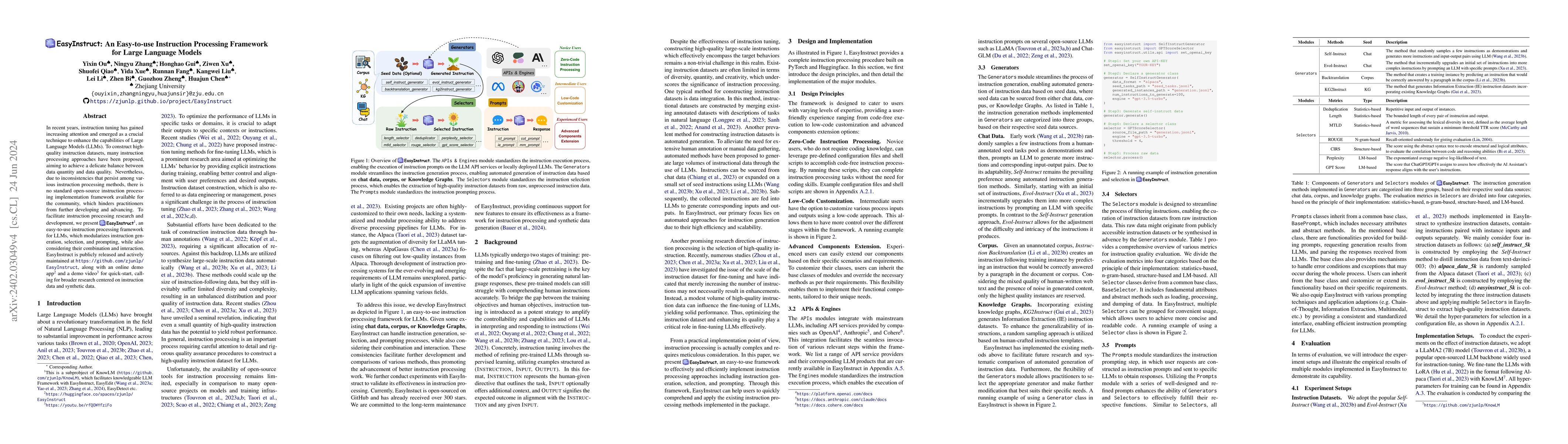 Thumbnail for EasyInstruct: An Easy-to-use Instruction Processing Framework for Large
  Language Models