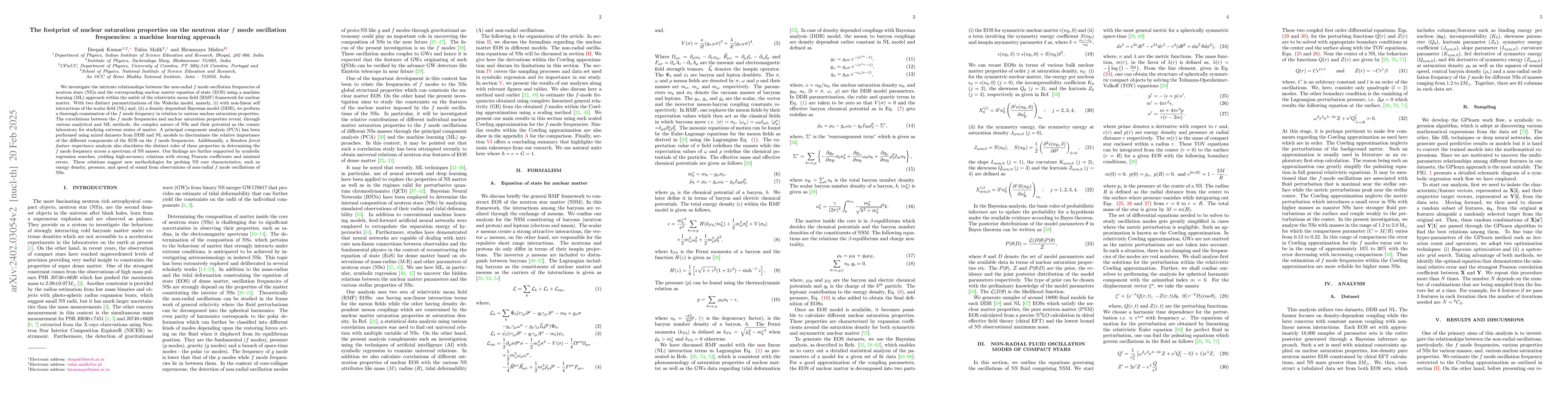 Thumbnail for The footprint of nuclear saturation properties on the neutron star $f$
  mode oscillation frequencies: a machine learning approach