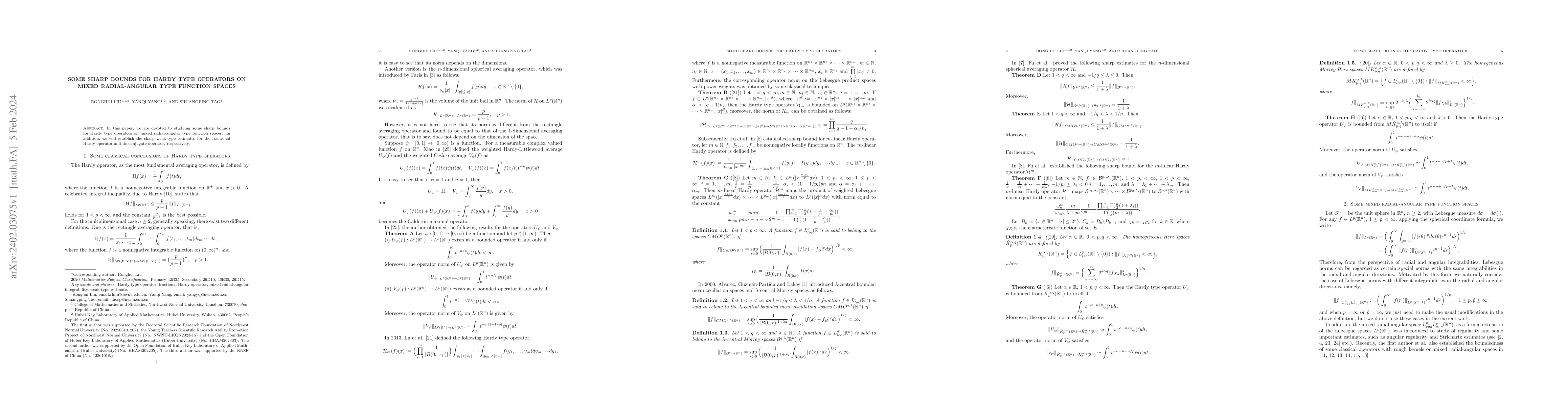 Thumbnail for Some sharp bounds for Hardy type operators on mixed radial-angular type
  function spaces