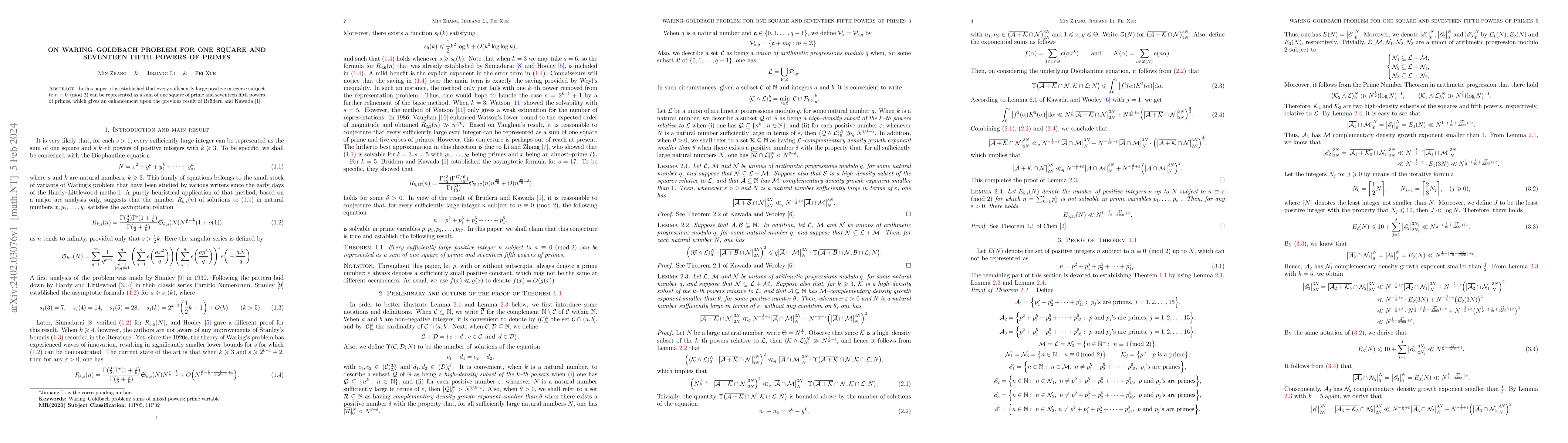 Thumbnail for On Waring-Goldbach problem for one square and seventeen fifth powers of
  primes