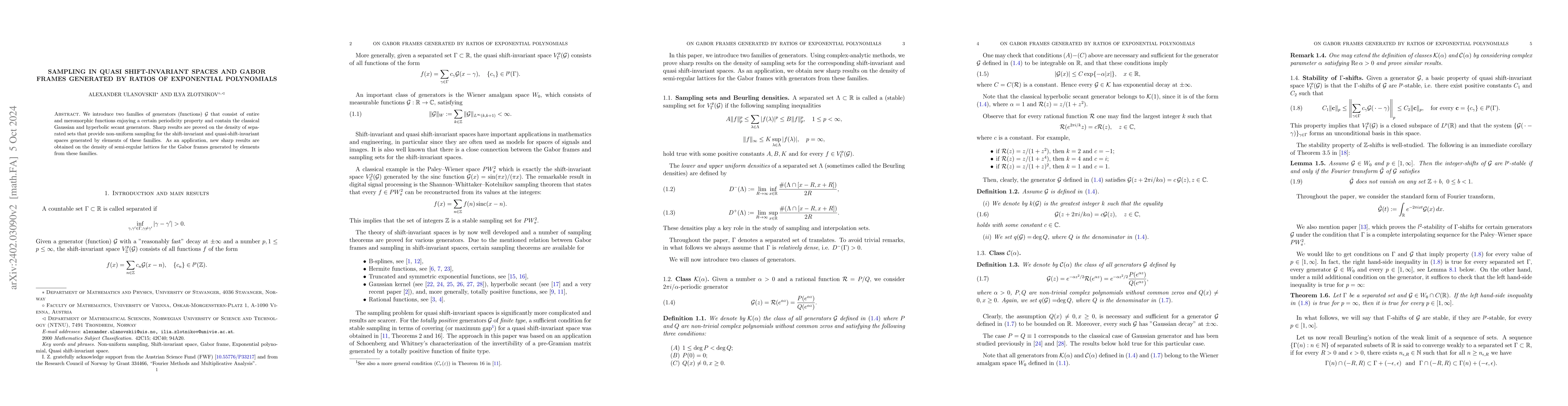 Thumbnail for Sampling in quasi shift-invariant spaces and Gabor frames generated by
  ratios of exponential polynomials