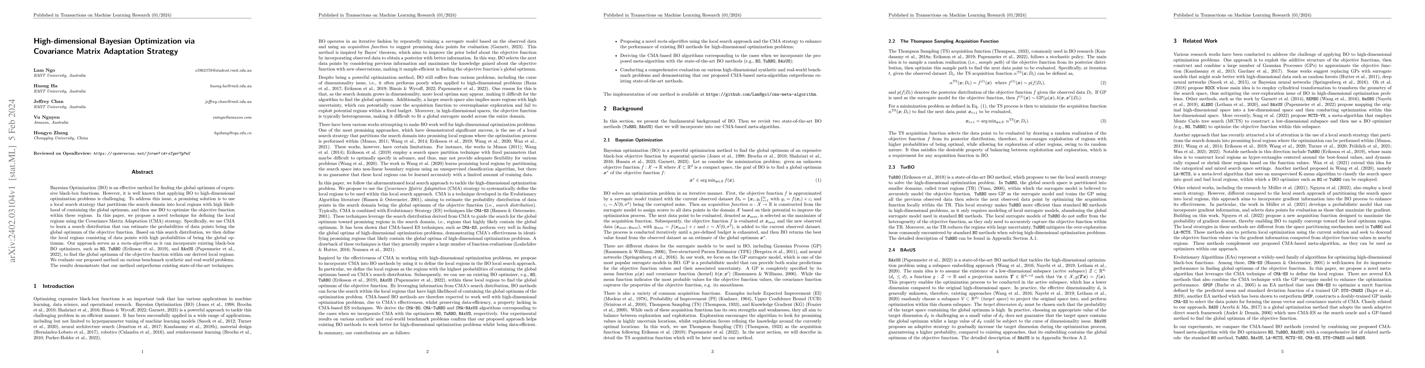 Thumbnail for High-dimensional Bayesian Optimization via Covariance Matrix Adaptation
  Strategy