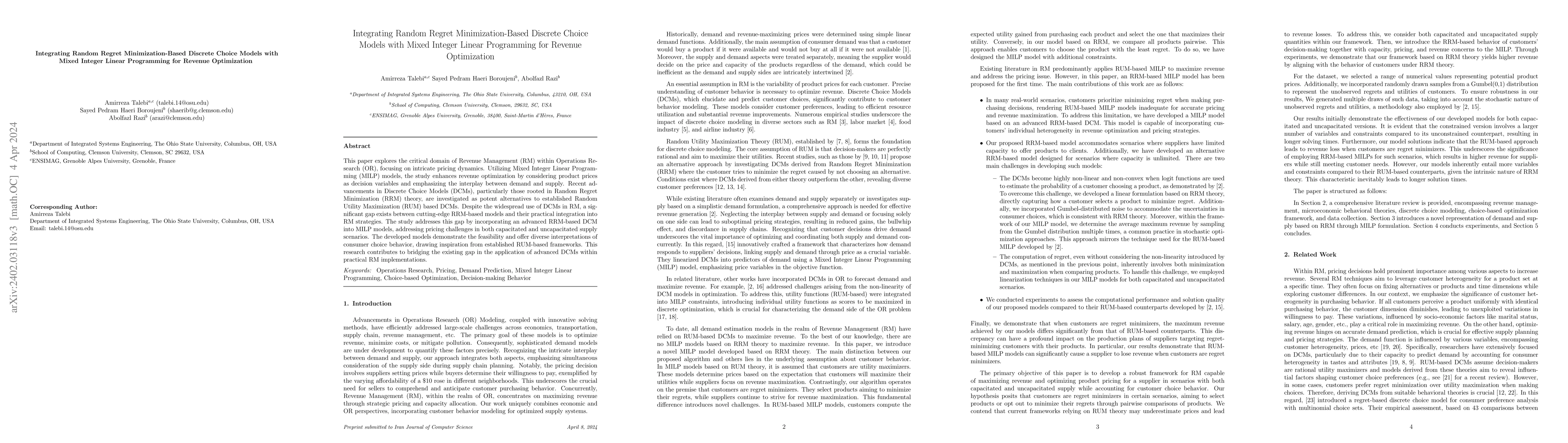 Thumbnail for Integrating Random Regret Minimization-Based Discrete Choice Models with
  Mixed Integer Linear Programming for Revenue Optimization