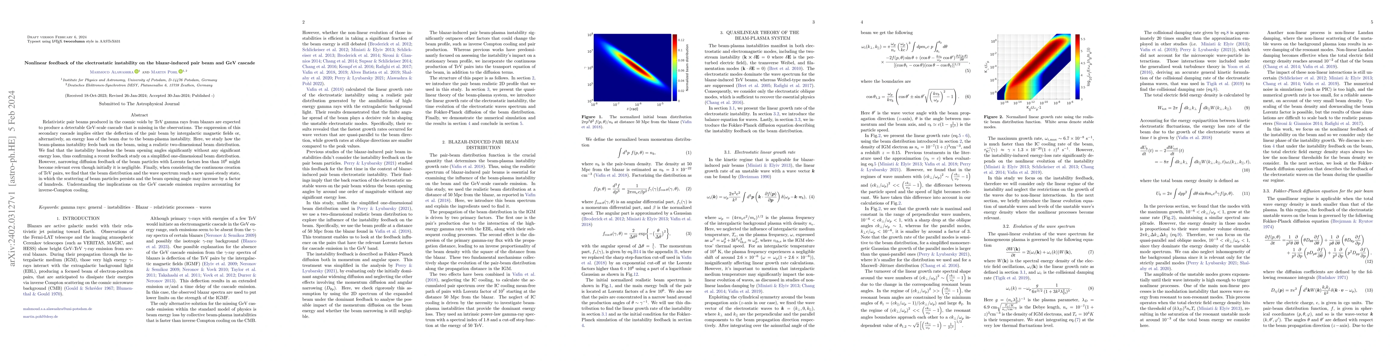 Thumbnail for Nonlinear feedback of the electrostatic instability on the
  blazar-induced pair beam and GeV cascade