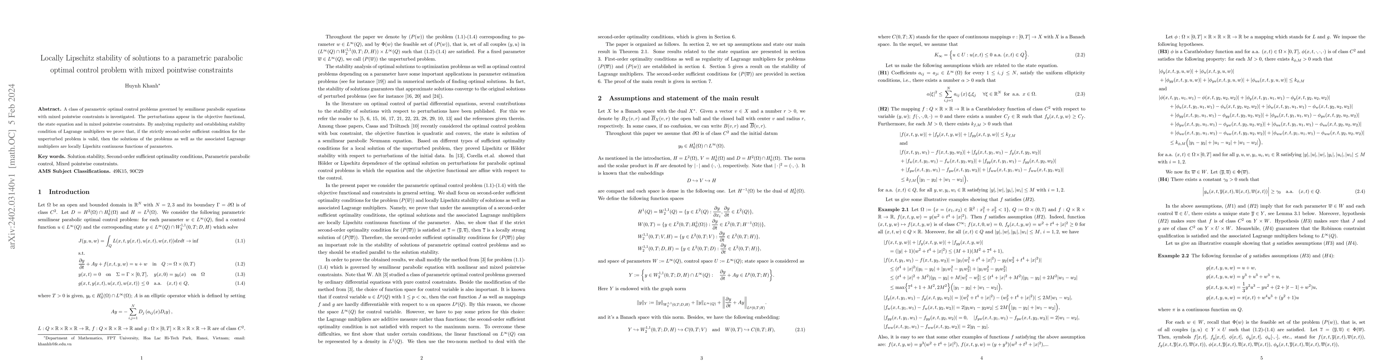 Thumbnail for Locally Lipschitz stability of solutions to a parametric parabolic
  optimal control problem with mixed pointwise constraints