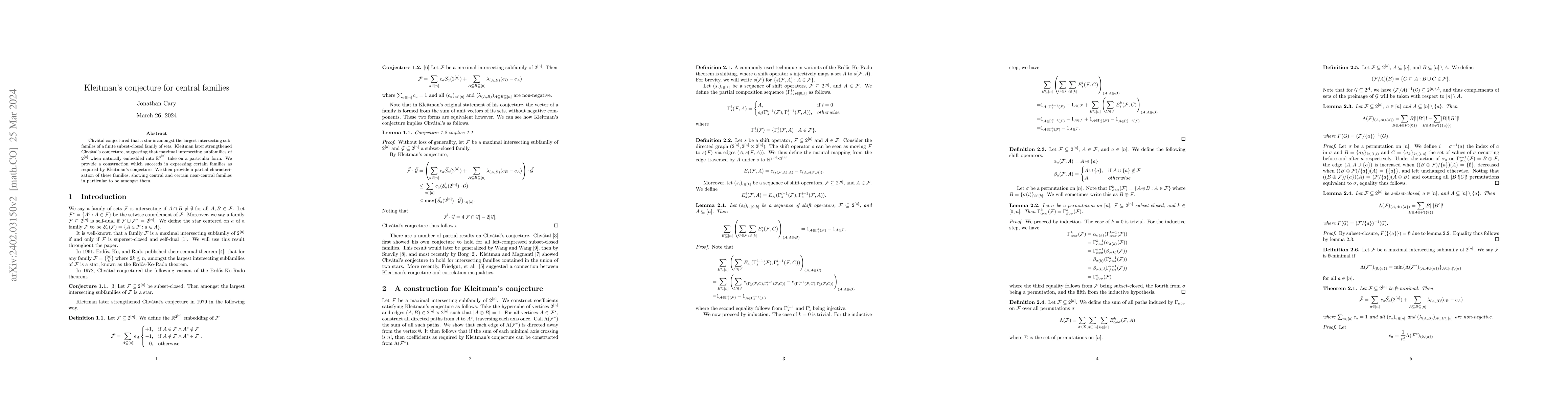 Thumbnail for Kleitman's conjecture for central families