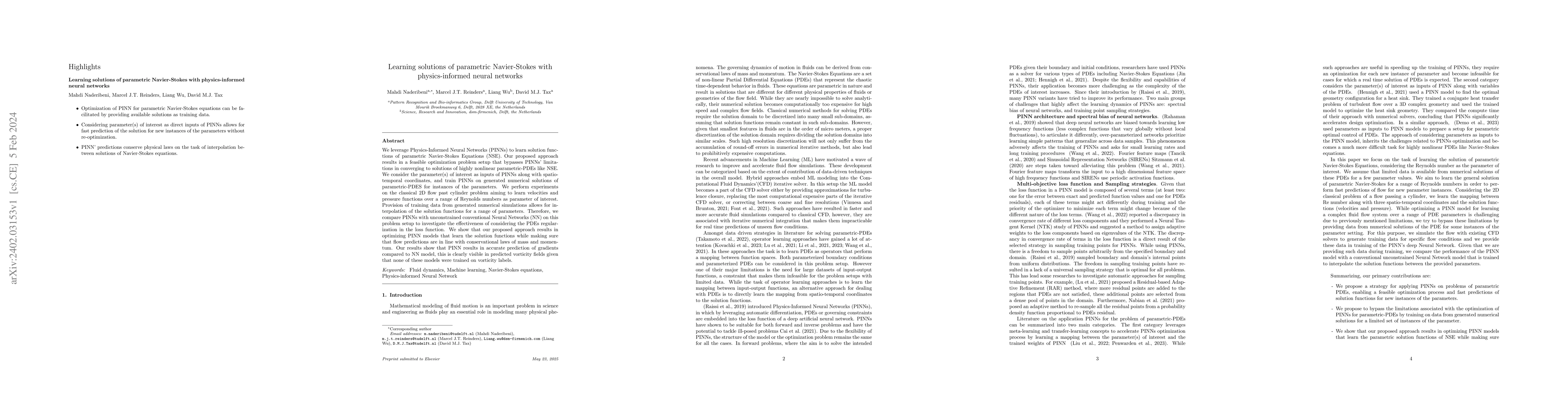 Thumbnail for Learning solutions of parametric Navier-Stokes with physics-informed
  neural networks