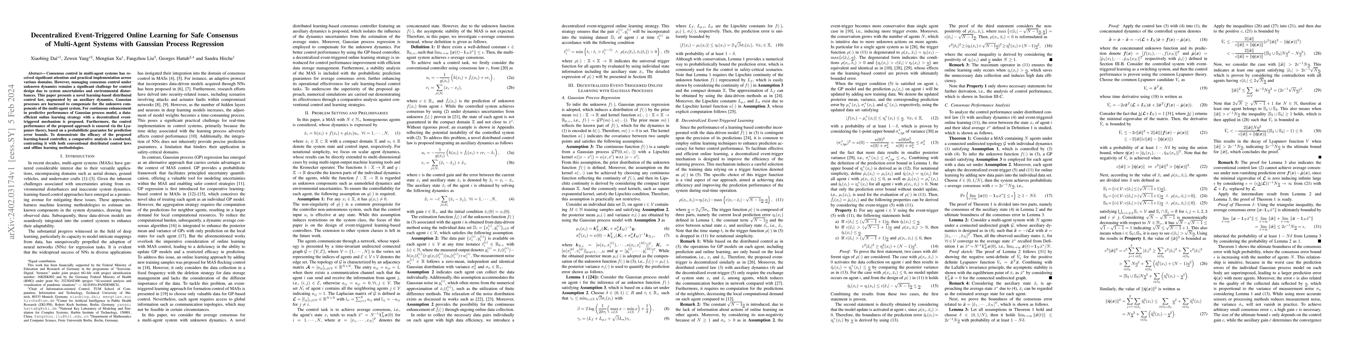 Thumbnail for Decentralized Event-Triggered Online Learning for Safe Consensus of
  Multi-Agent Systems with Gaussian Process Regression