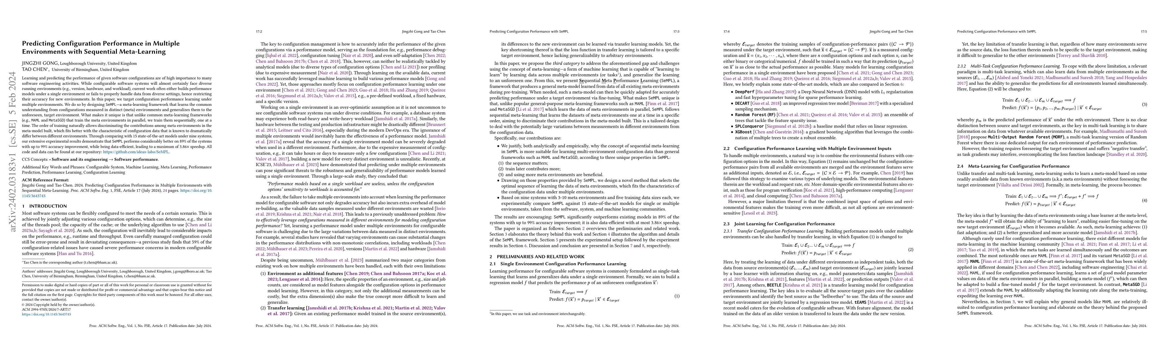 Thumbnail for Predicting Configuration Performance in Multiple Environments with
  Sequential Meta-learning
