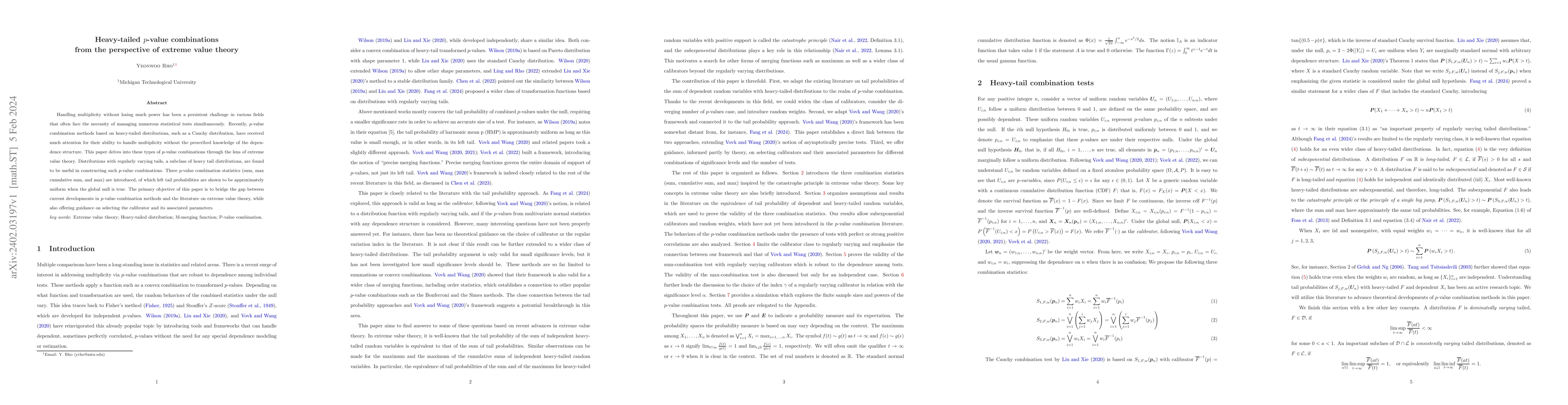 Thumbnail for Heavy-tailed $p$-value combinations from the perspective of extreme
  value theory