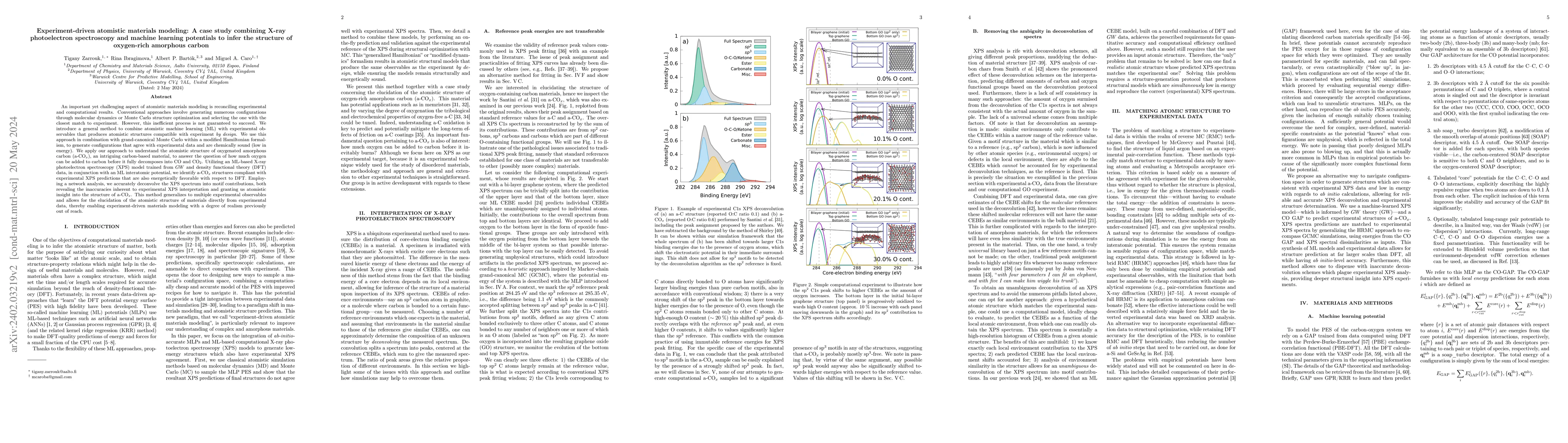 Thumbnail for Experiment-driven atomistic materials modeling: A case study combining
  X-ray photoelectron spectroscopy and machine learning potentials to infer the
  structure of oxygen-rich amorphous carbon