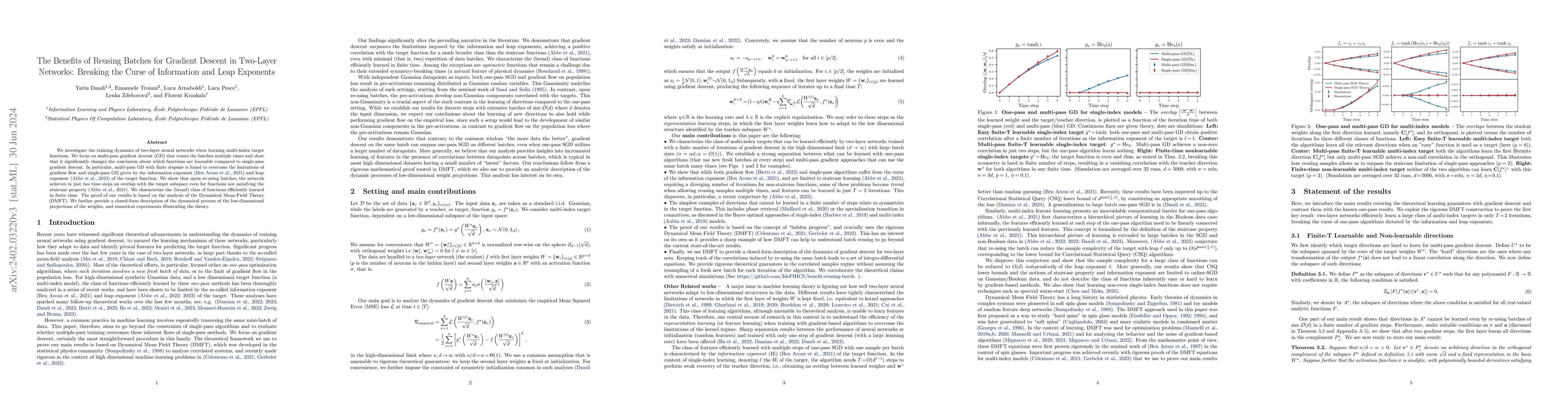 Thumbnail for The Benefits of Reusing Batches for Gradient Descent in Two-Layer
  Networks: Breaking the Curse of Information and Leap Exponents