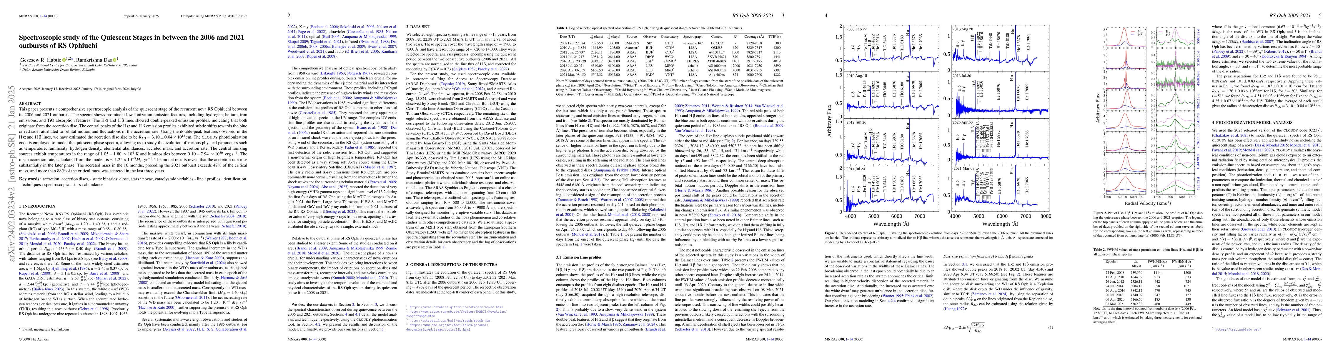 Thumbnail for Spectroscopic Insights into the Quiescent Stages of RS Ophiuchi
  (2006-2021): Photoionization Modeling and Accretion Dynamics