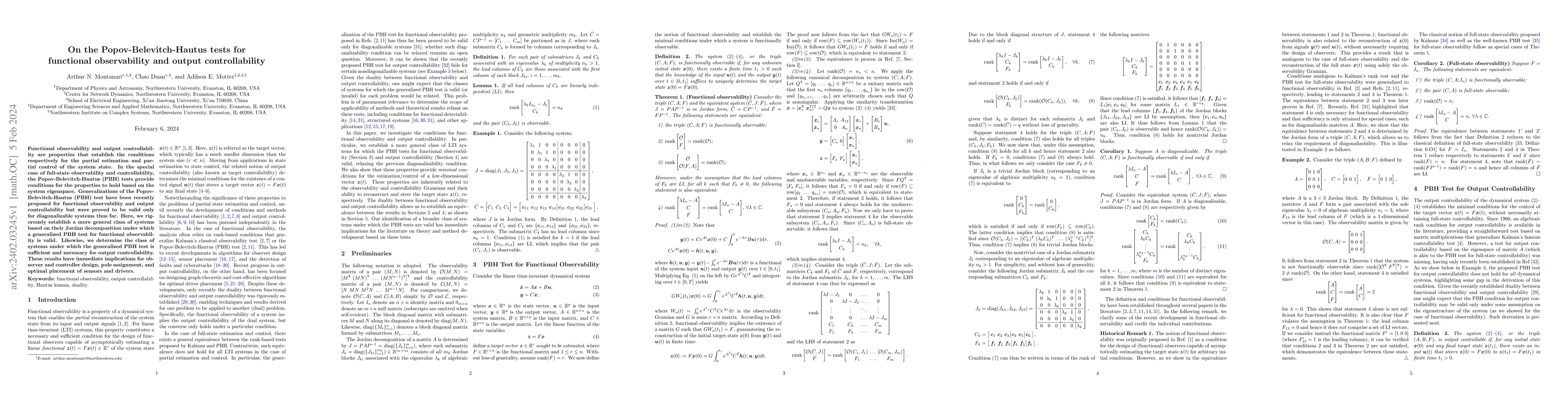 Thumbnail for On the Popov-Belevitch-Hautus tests for functional observability and
  output controllability