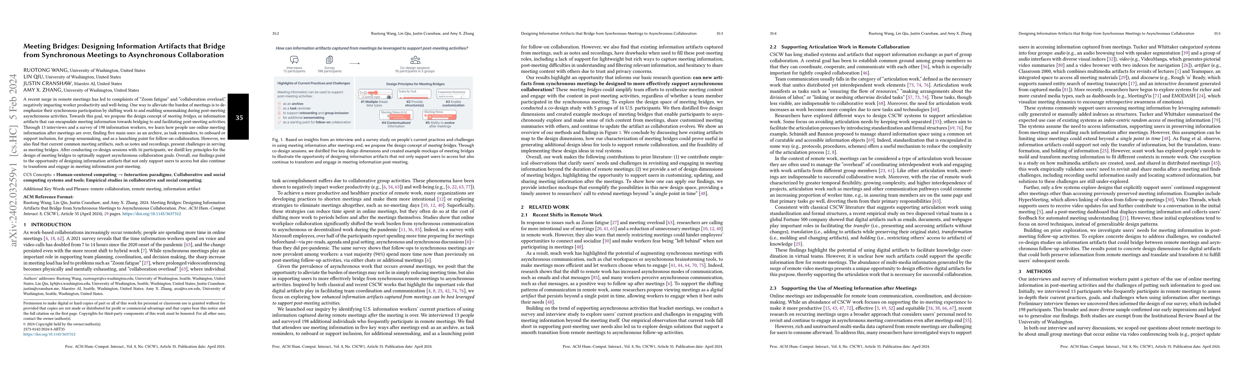 Thumbnail for Meeting Bridges: Designing Information Artifacts that Bridge from
  Synchronous Meetings to Asynchronous Collaboration