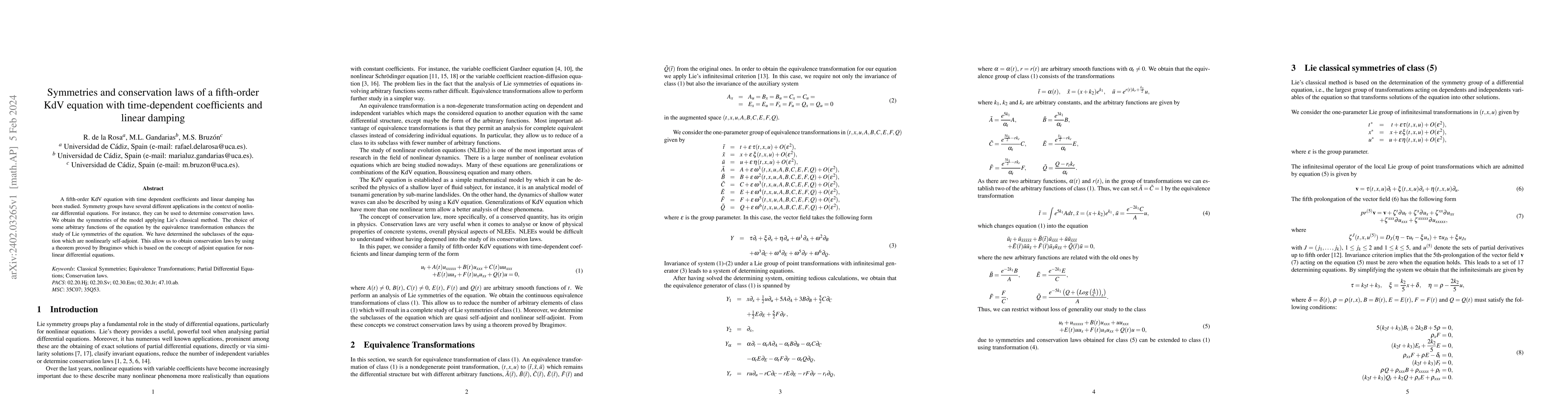 Thumbnail for Symmetries and conservation laws of a fifth-order KdV equation with
  time-dependent coefficients and linear damping