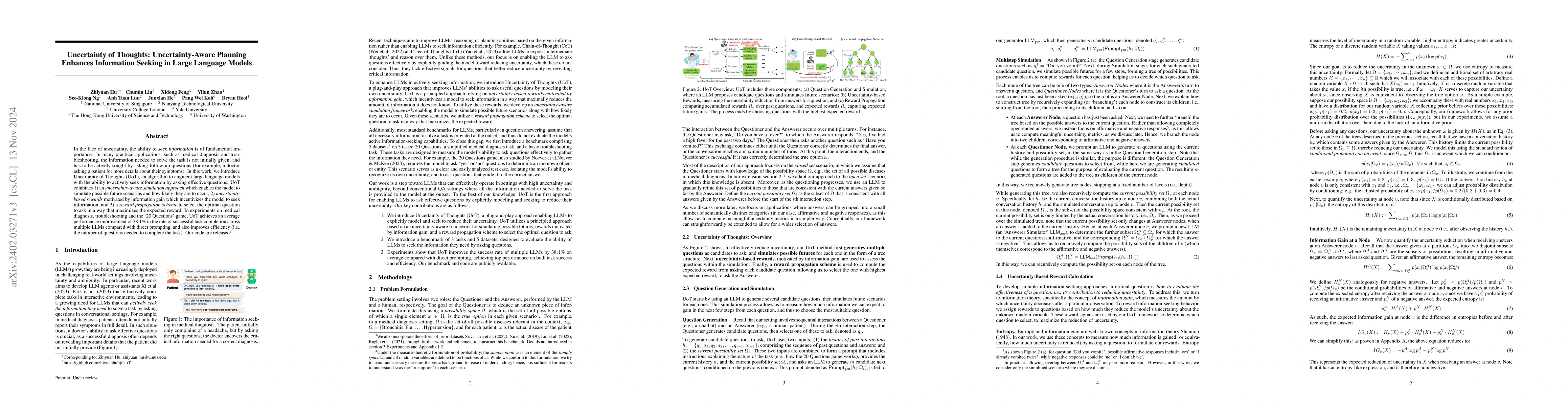Thumbnail for Uncertainty of Thoughts: Uncertainty-Aware Planning Enhances Information
  Seeking in Large Language Models