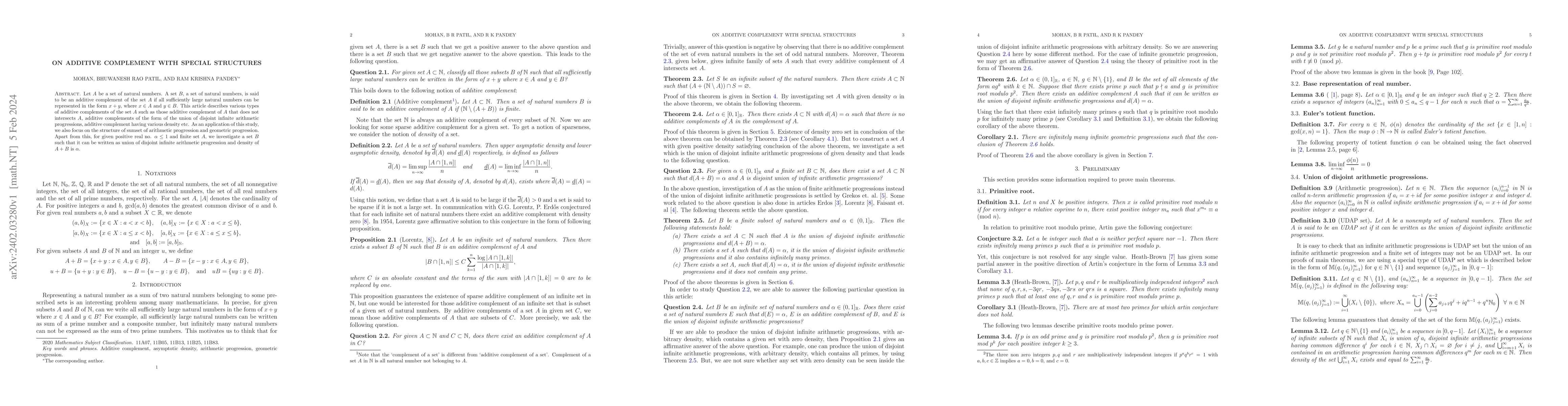 Thumbnail for On additive complement with special structures