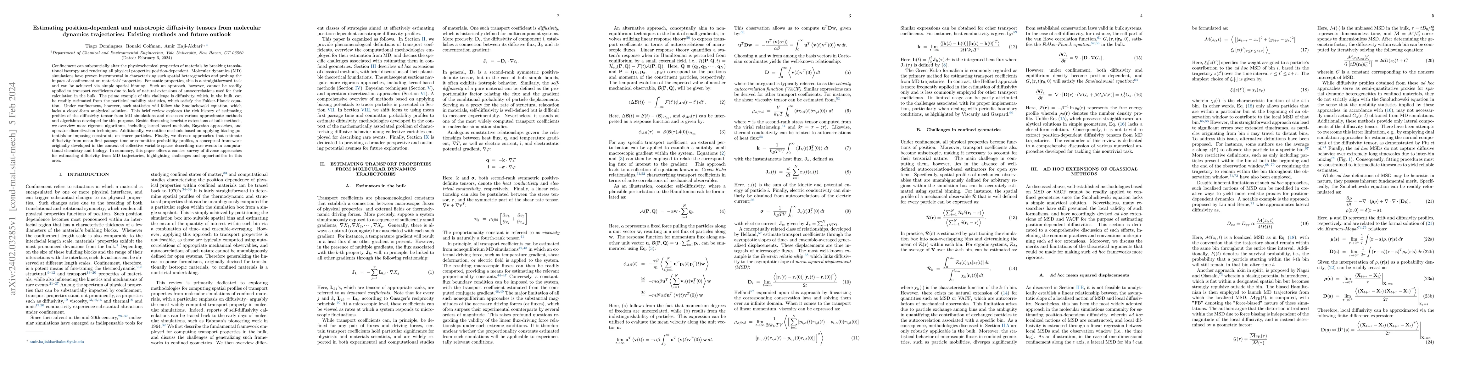 Thumbnail for Estimating position-dependent and anisotropic diffusivity tensors from
  molecular dynamics trajectories: Existing methods and future outlook