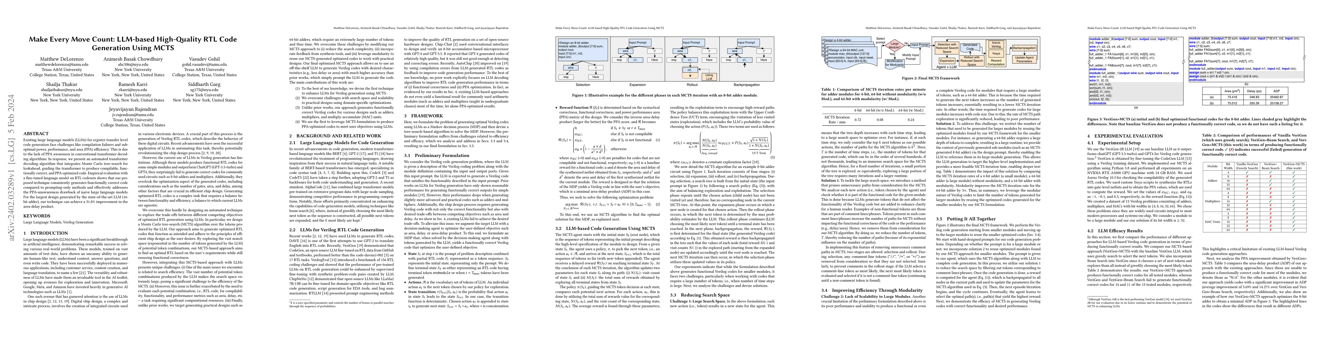 Thumbnail for Make Every Move Count: LLM-based High-Quality RTL Code Generation Using
  MCTS