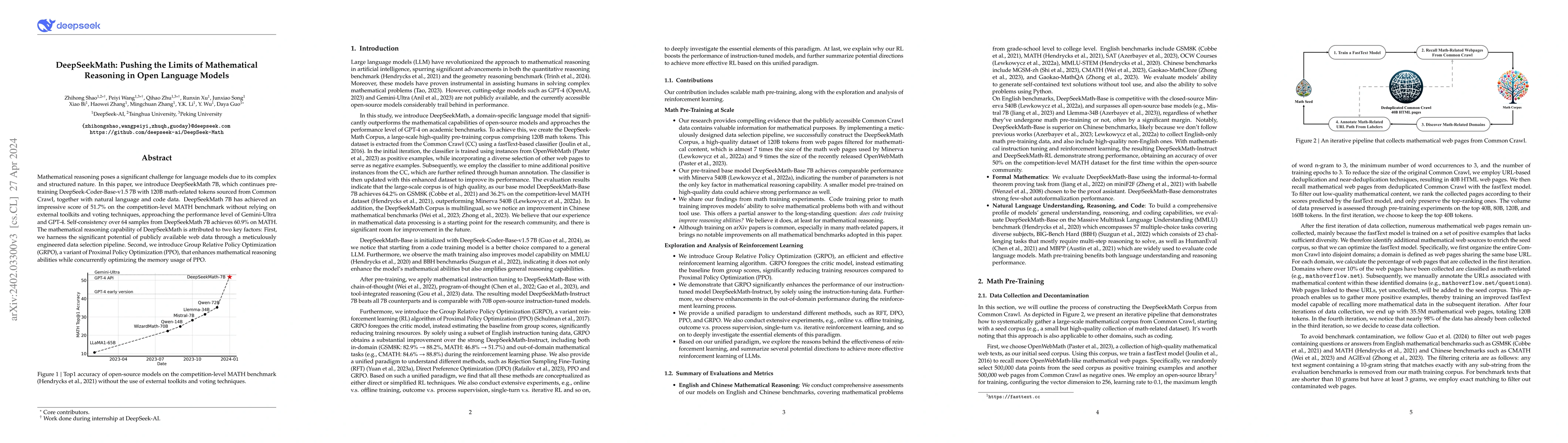 Thumbnail for DeepSeekMath: Pushing the Limits of Mathematical Reasoning in Open
  Language Models