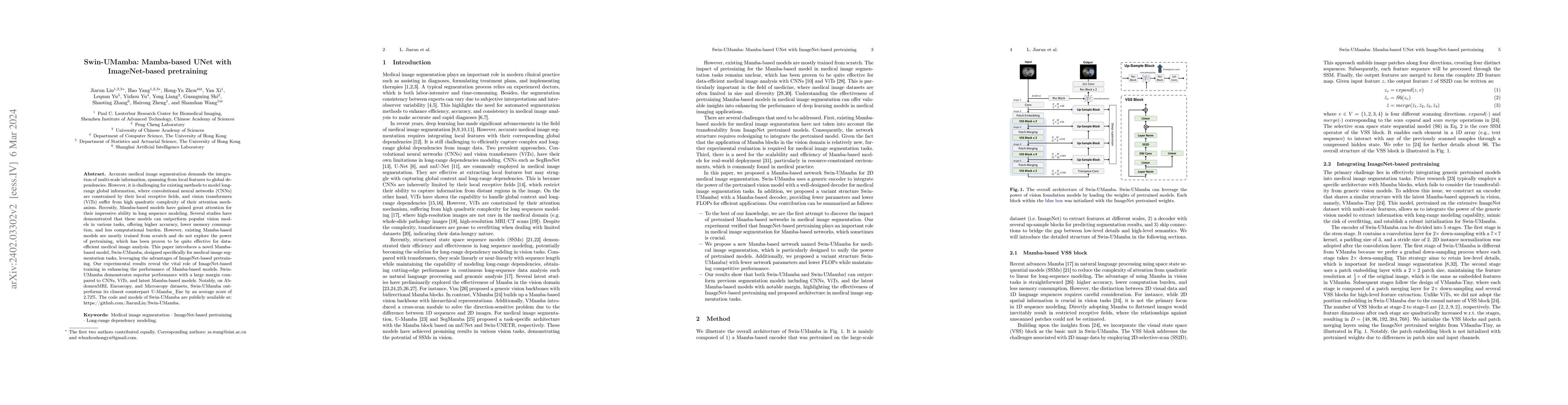 Thumbnail for Swin-UMamba: Mamba-based UNet with ImageNet-based pretraining