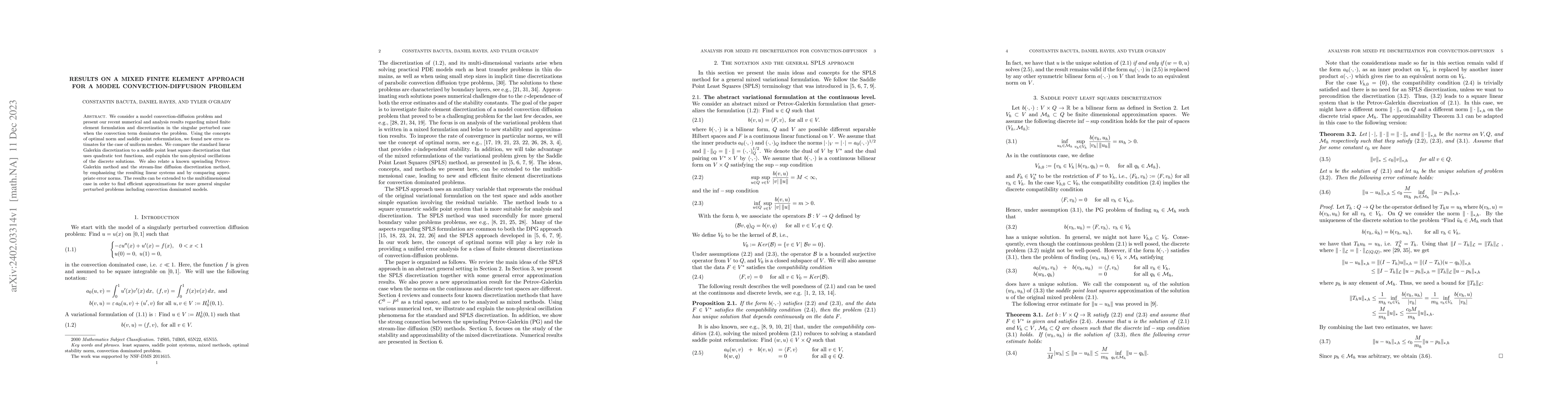 Thumbnail for Results on a Mixed Finite Element Approach for a Model
  Convection-Diffusion Problem