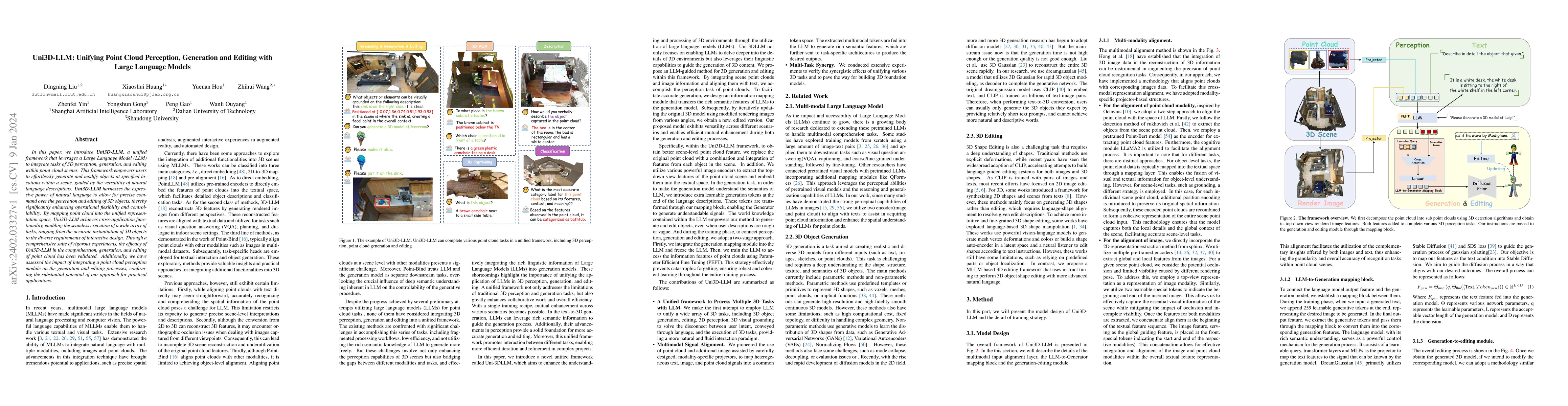 Thumbnail for Uni3D-LLM: Unifying Point Cloud Perception, Generation and Editing with
  Large Language Models