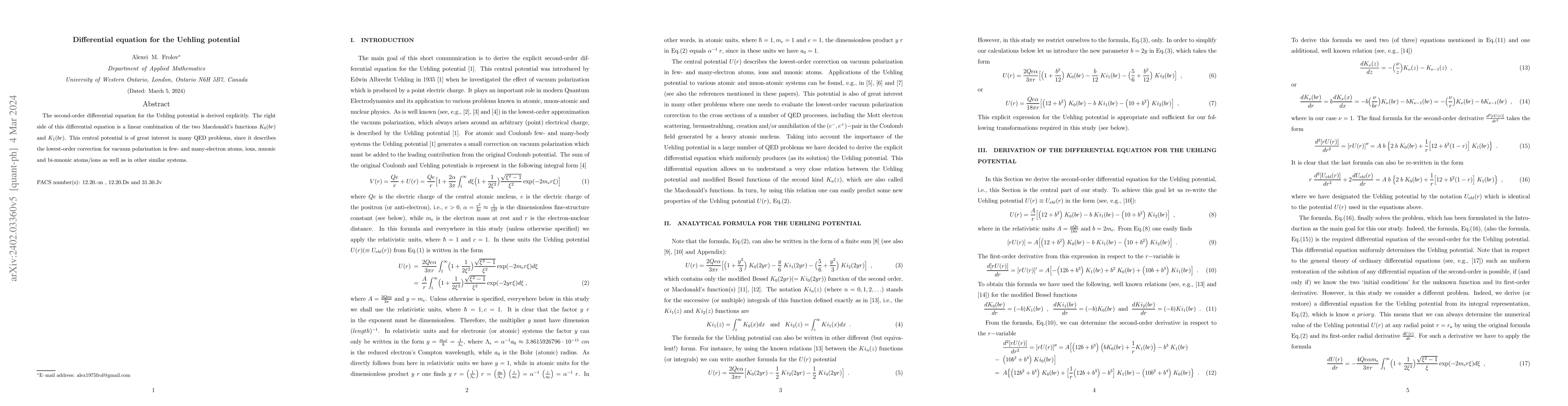 Thumbnail for Differential equation for the Uehling potential