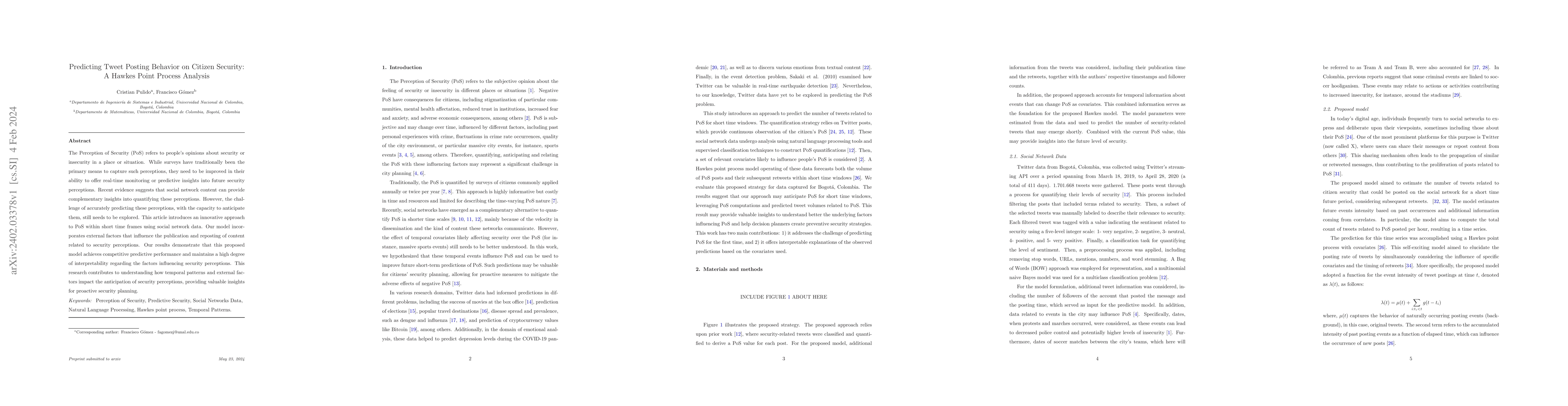 Thumbnail for Predicting Tweet Posting Behavior on Citizen Security: A Hawkes Point
  Process Analysis