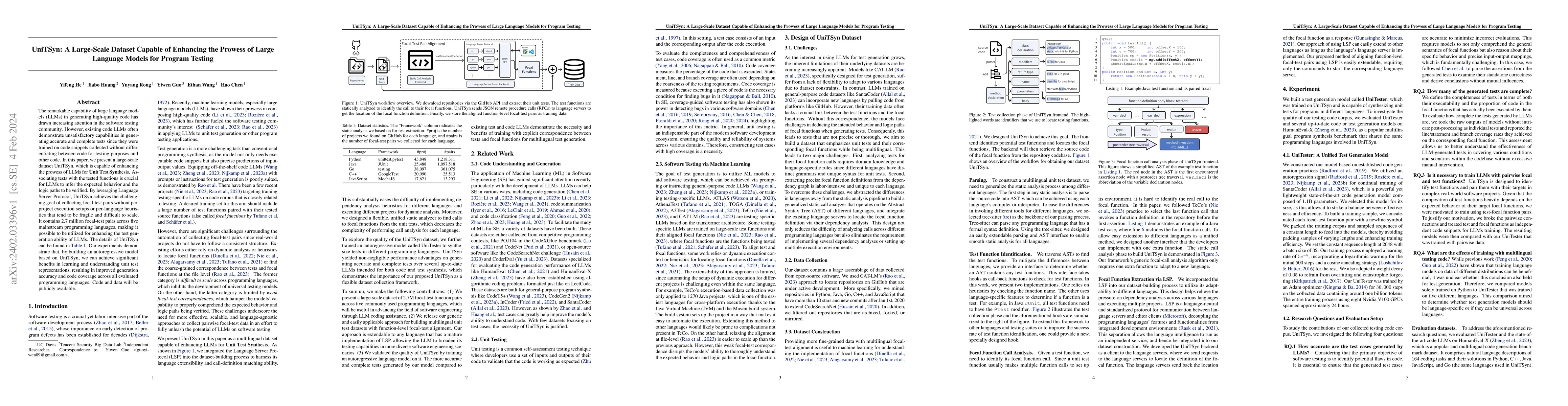 Thumbnail for UniTSyn: A Large-Scale Dataset Capable of Enhancing the Prowess of Large
  Language Models for Program Testing