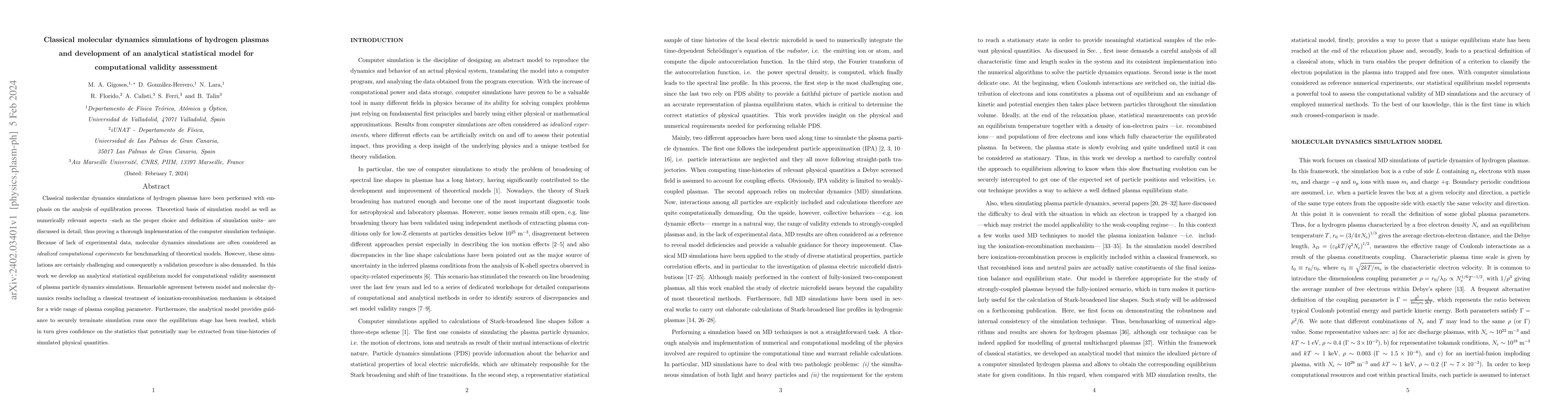 Thumbnail for Classical molecular dynamics simulations of hydrogen plasmas and
  development of an analytical statistical model for computational validity
  assessment