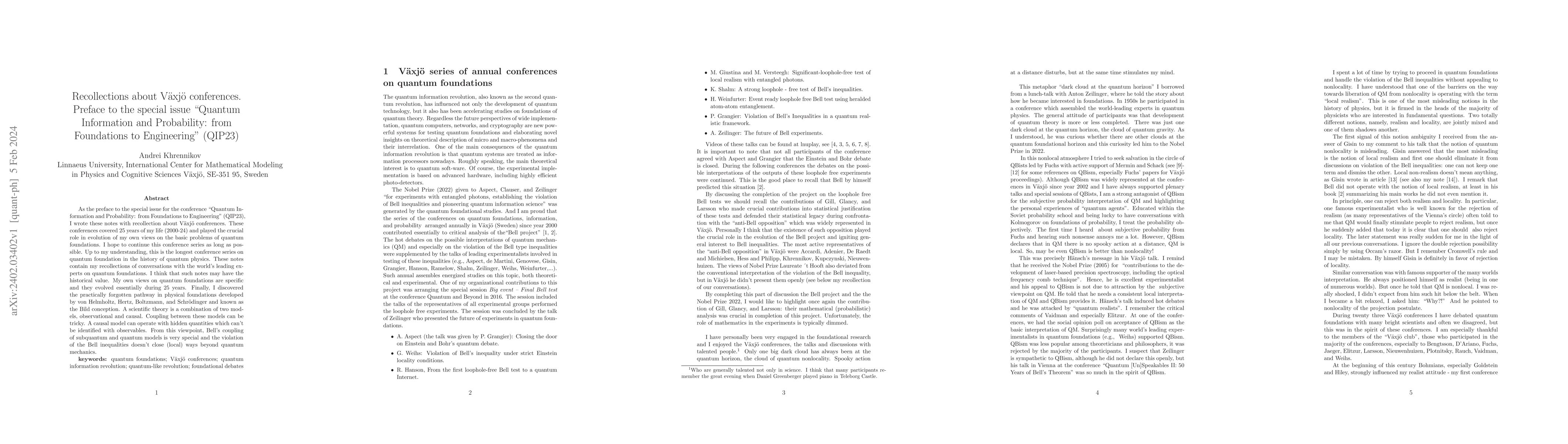Thumbnail for Recollections about V\"axj\"o conferences. Preface to the special issue
  "Quantum Information and Probability: from Foundations to Engineering''
  (QIP23)