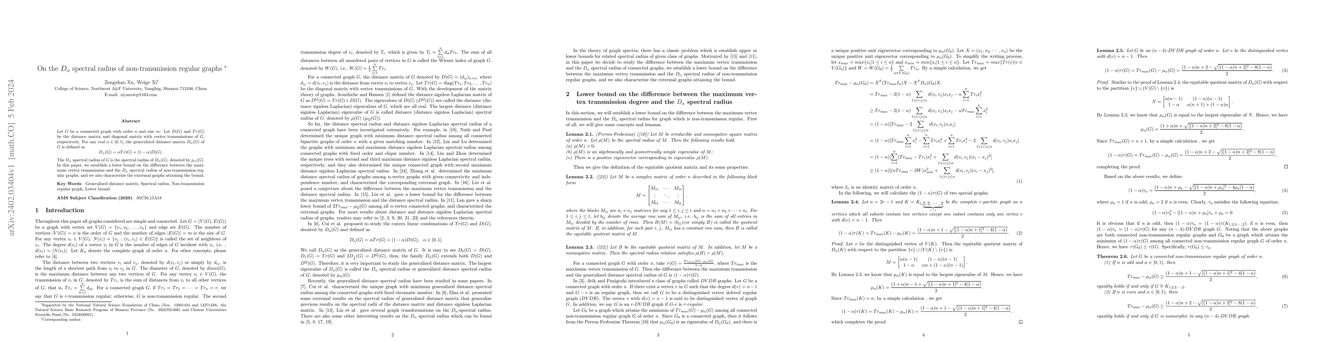 Thumbnail for On the $D_\alpha$ spectral radius of non-transmission regular graphs