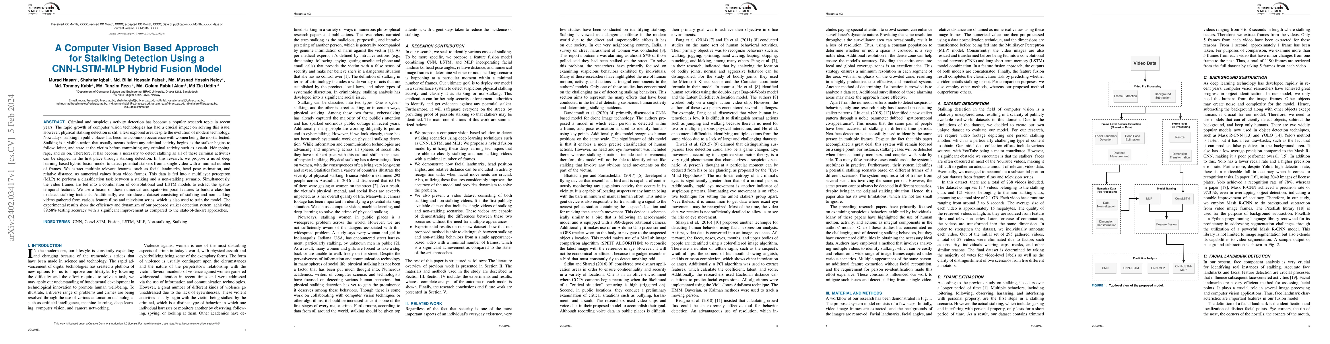 Thumbnail for A Computer Vision Based Approach for Stalking Detection Using a
  CNN-LSTM-MLP Hybrid Fusion Model
