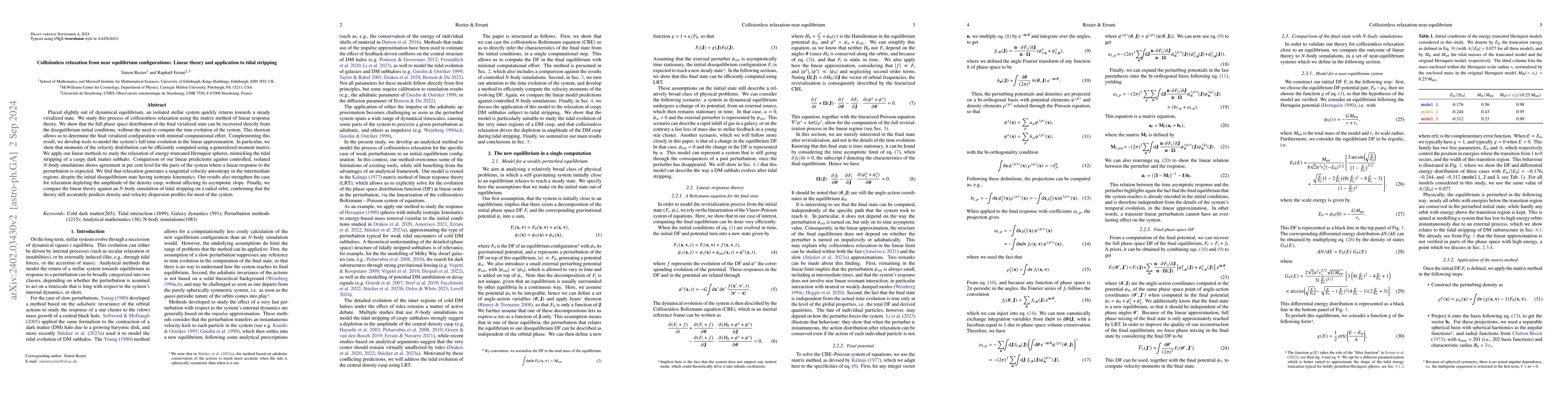 Thumbnail for Collisionless relaxation from near equilibrium configurations: Linear
  theory and application to tidal stripping