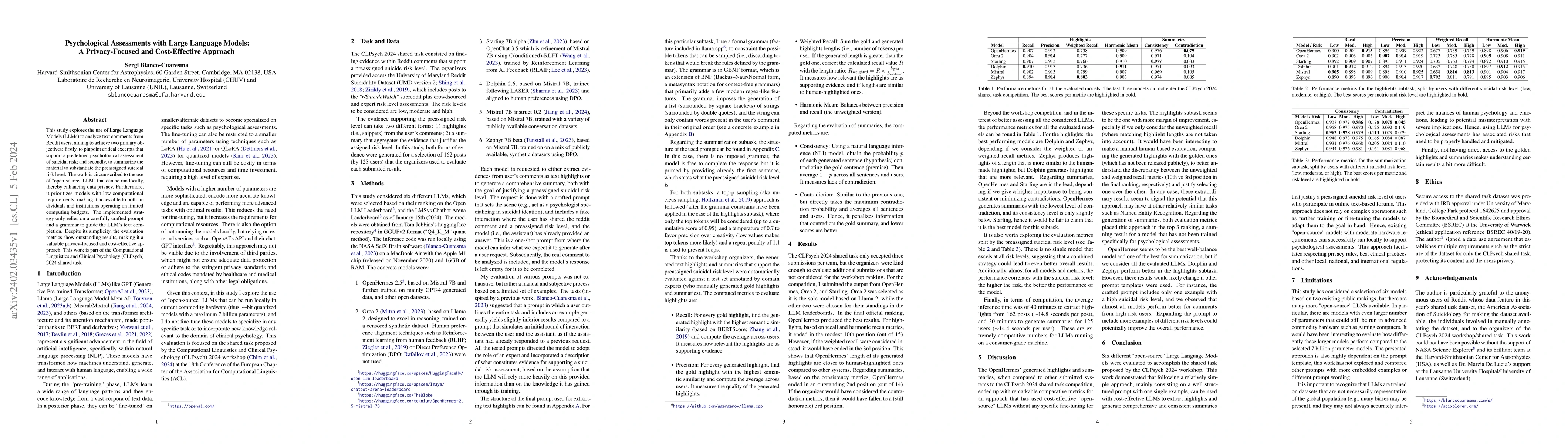 Thumbnail for Psychological Assessments with Large Language Models: A Privacy-Focused
  and Cost-Effective Approach