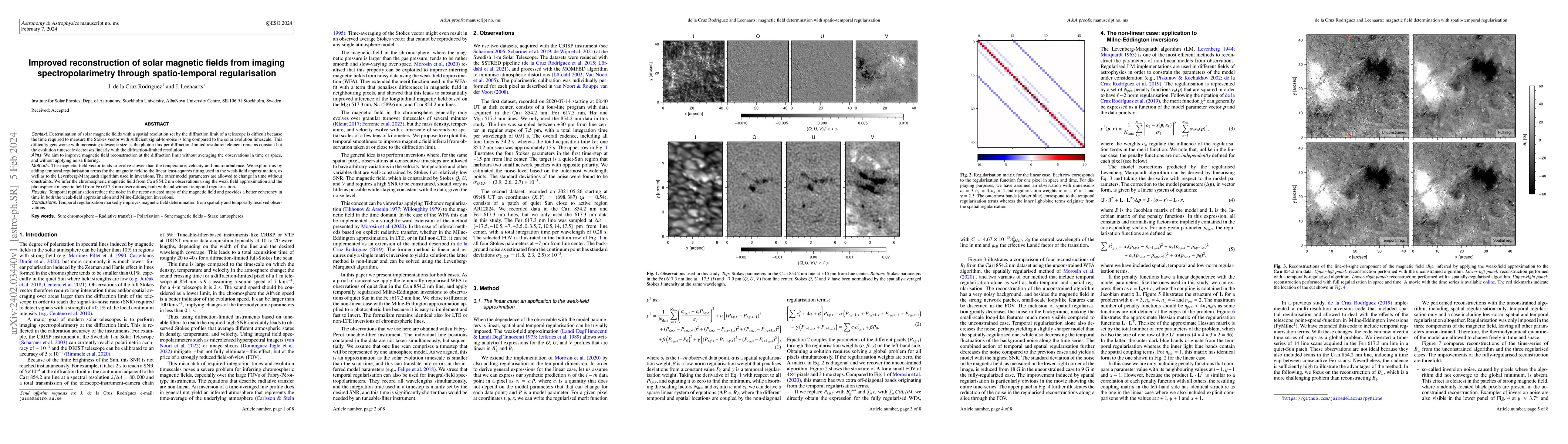 Thumbnail for Improved reconstruction of solar magnetic fields from imaging
  spectropolarimetry through spatio-temporal regularisation