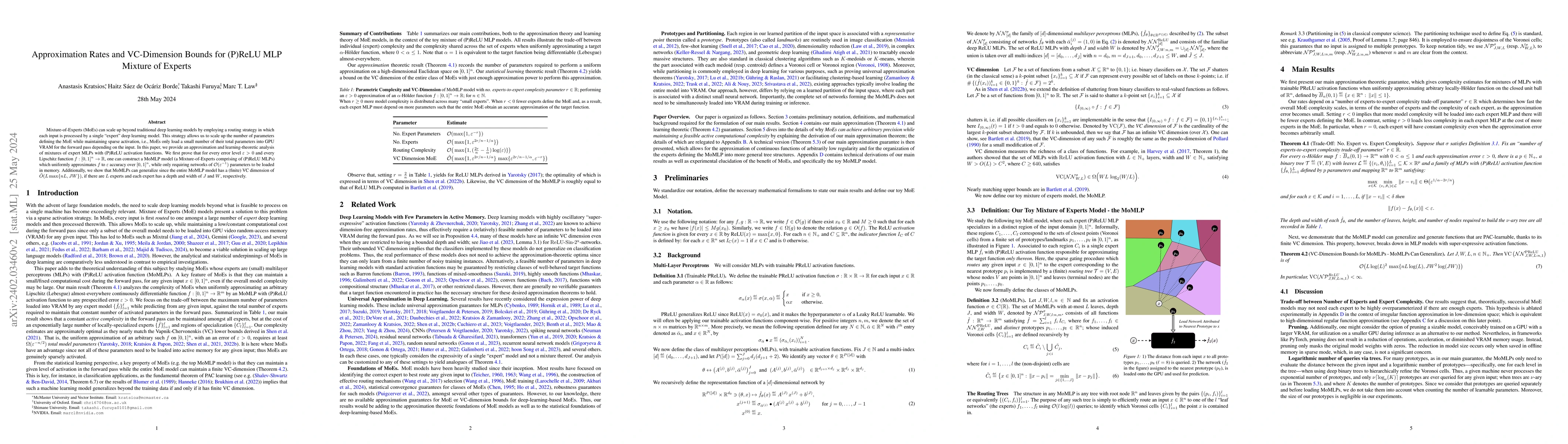 Thumbnail for Approximation Rates and VC-Dimension Bounds for (P)ReLU MLP Mixture of
  Experts