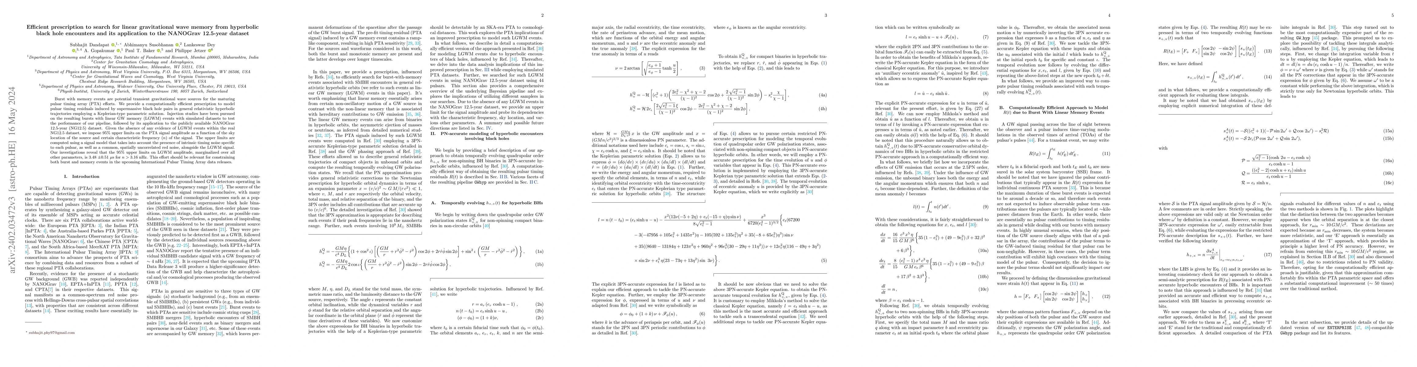 Thumbnail for Efficient prescription to search for linear gravitational wave memory
  from hyperbolic black hole encounters and its application to the NANOGrav
  12.5-year dataset