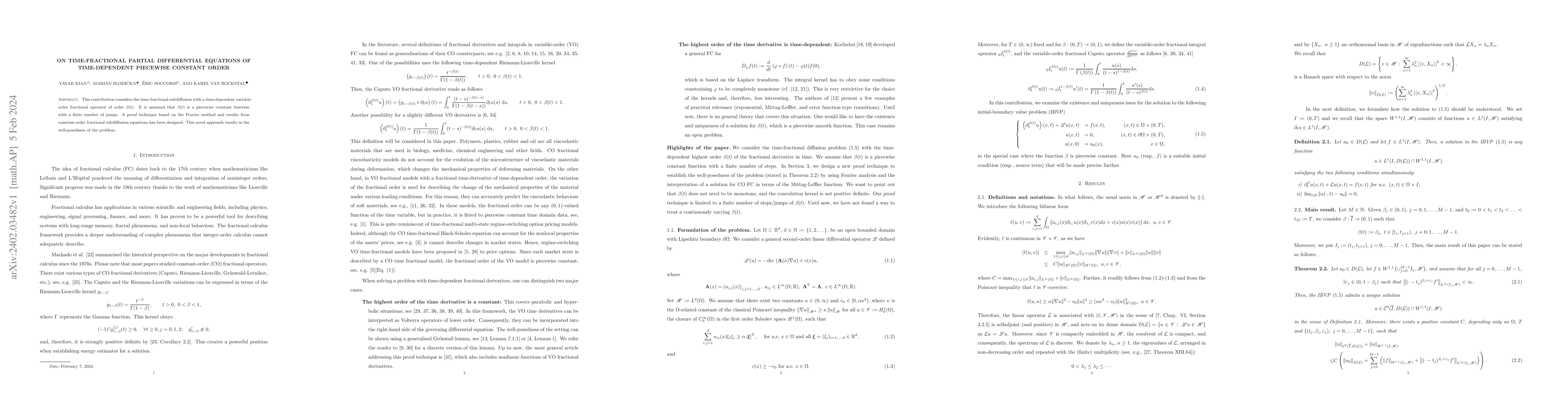 Thumbnail for On time-fractional partial differential equations of time-dependent
  piecewise constant order