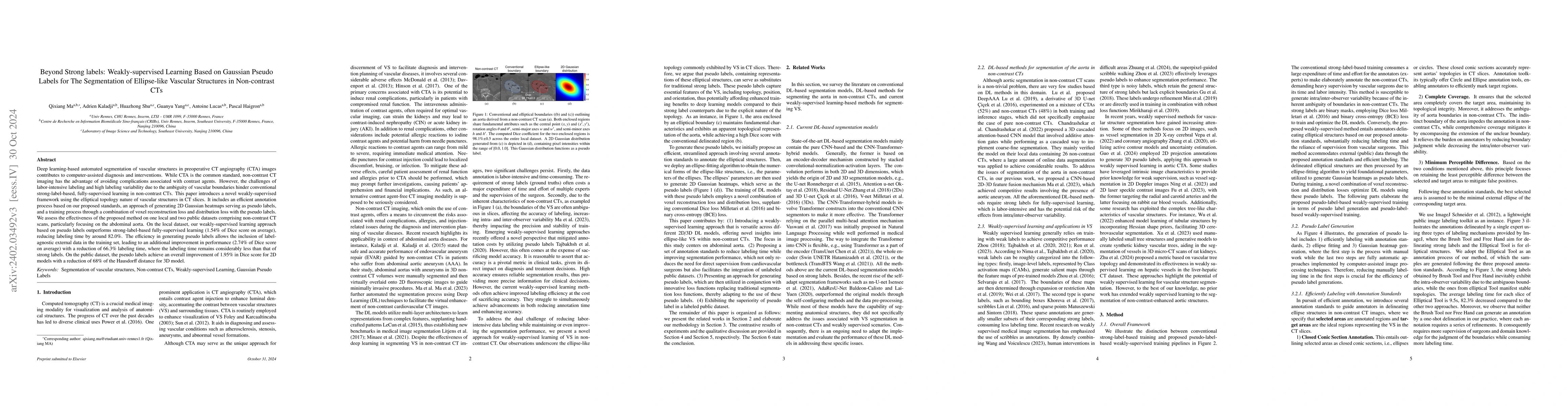 Thumbnail for Beyond Strong labels: Weakly-supervised Learning Based on Gaussian
  Pseudo Labels for The Segmentation of Ellipse-like Vascular Structures in
  Non-contrast CTs