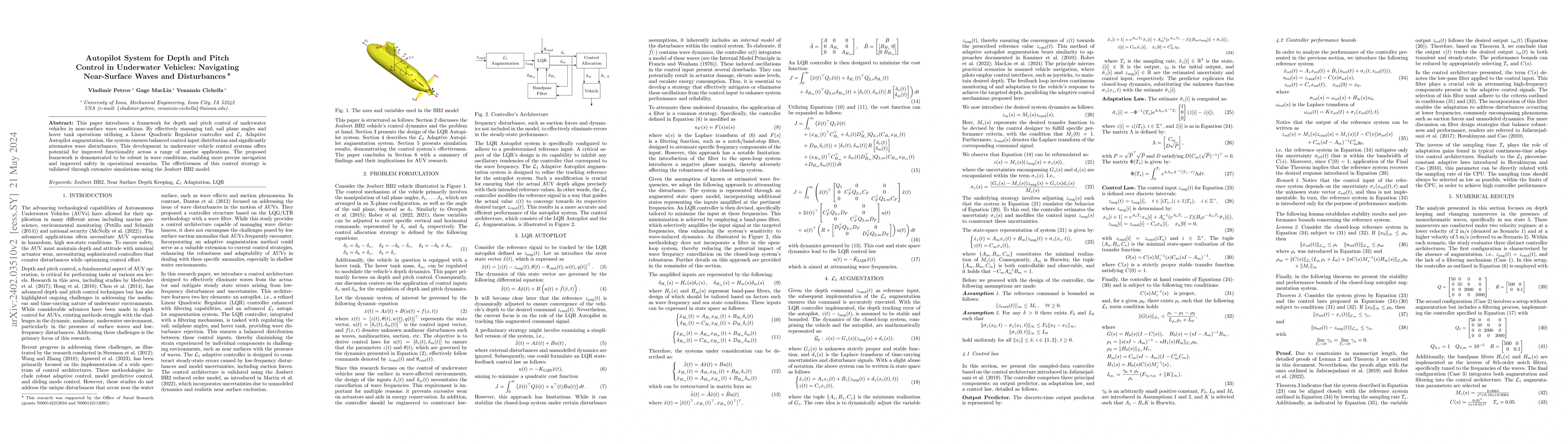 Thumbnail for Autopilot System for Depth and Pitch Control in Underwater Vehicles:
  Navigating Near-Surface Waves and Disturbances