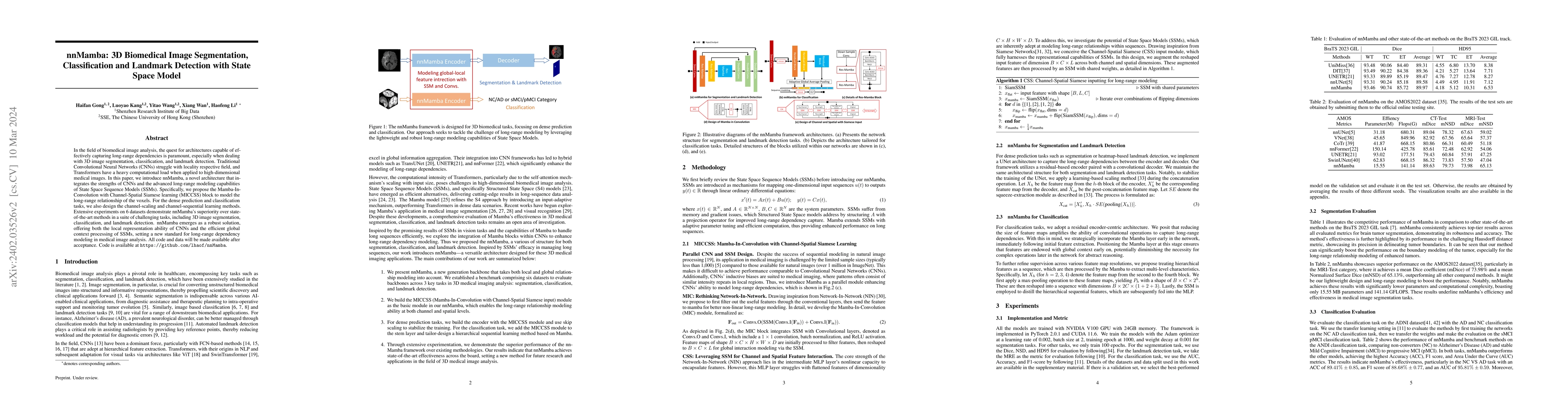 Thumbnail for nnMamba: 3D Biomedical Image Segmentation, Classification and Landmark
  Detection with State Space Model