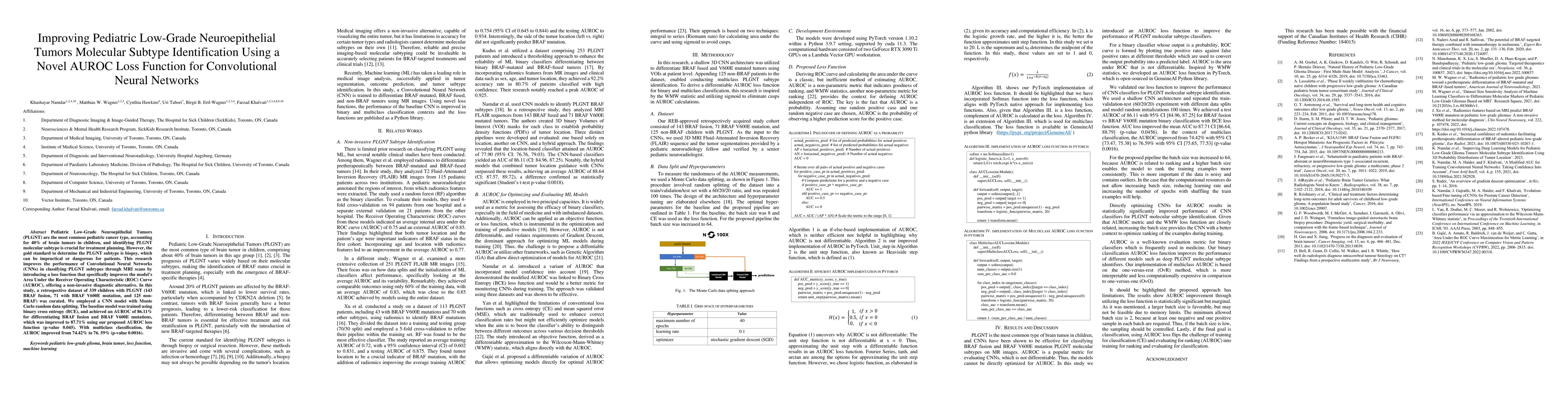 Thumbnail for Improving Pediatric Low-Grade Neuroepithelial Tumors Molecular Subtype
  Identification Using a Novel AUROC Loss Function for Convolutional Neural
  Networks
